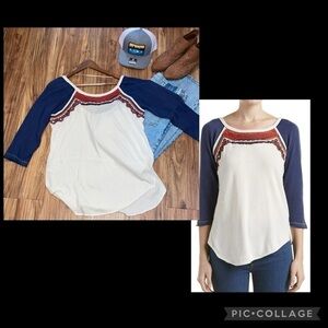 free people women’s Large top shirt raglan embroidered sweater FP 3/4 sleeve